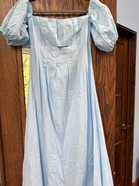 Light Blue Midi Dress with Puff Sleeves — Feminine Square Neck
